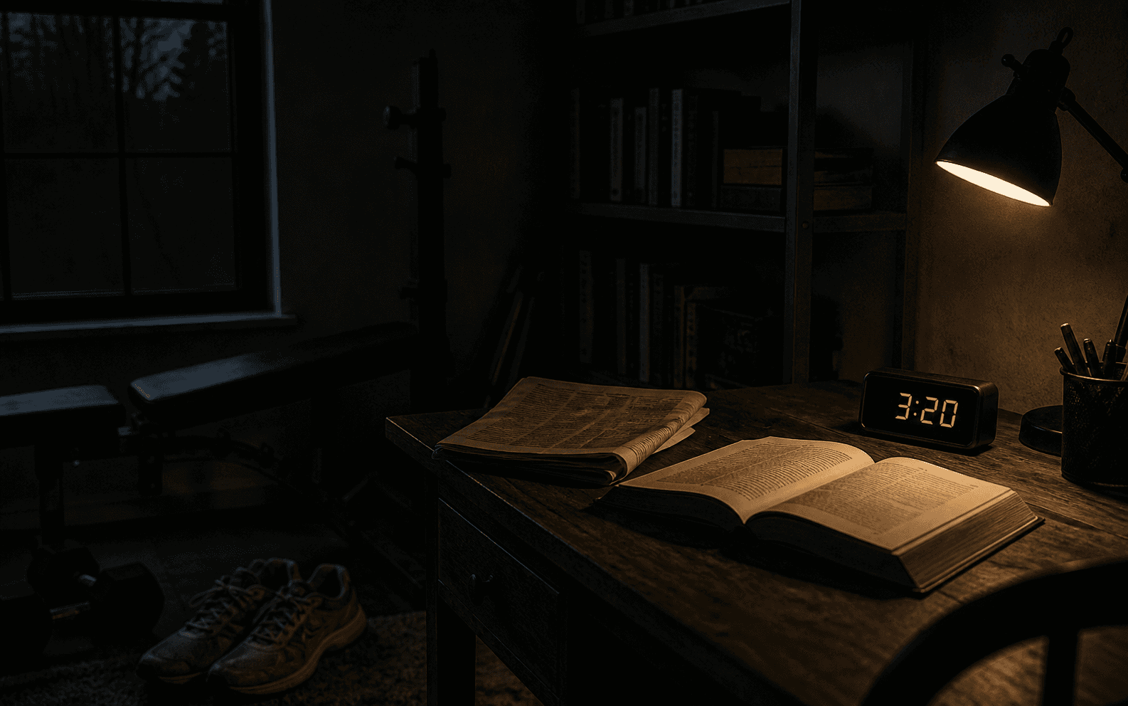 A quiet predawn workspace with an open book, training shoes, and a clock reading 3:20